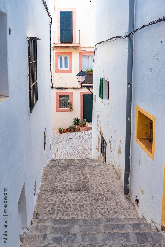 Ibiza, Spain, typical pedestrian street of Eivissa city, beautiful mediterranean
