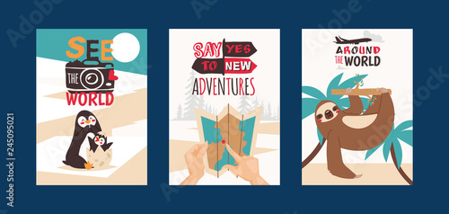 Travelling concept set of cards vector illustration. See the world. Say yes to new adventures. Around the world. Taking photos of animals. Using map. Sloth hanging on tree.