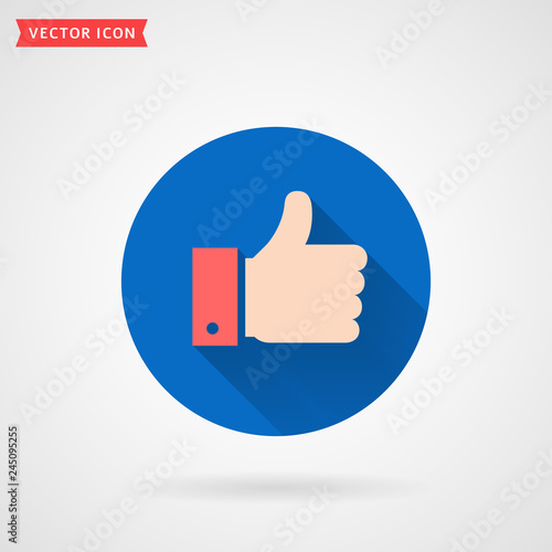 Thumbs up flat icon in circle shape. Like sign.