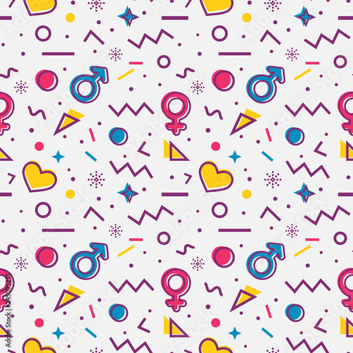 Seamless pattern with gender symbols and hearts. Vector.