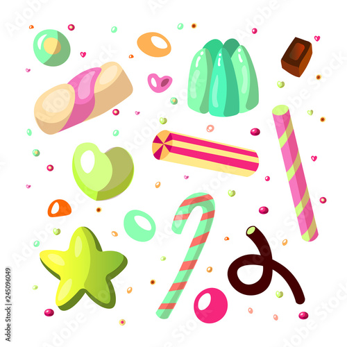 Sweet cartoon candy set. Collection of sweets, cartoon style. Jelly, candy, cakes, sweet donut and marmelade. Huge set of cartoon doodle form candies and sweets. Lollipop, cotton, donut and striped
