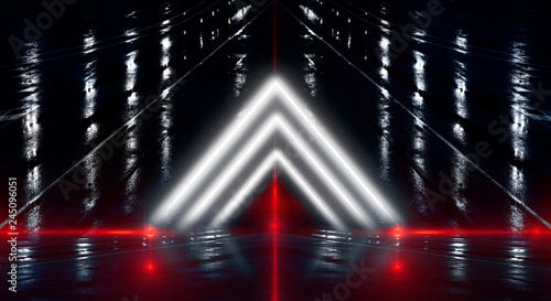 Abstract black tunnel with a light pyramid, neon triangle, smoke, wet asphalt, night view. © MiaStendal
