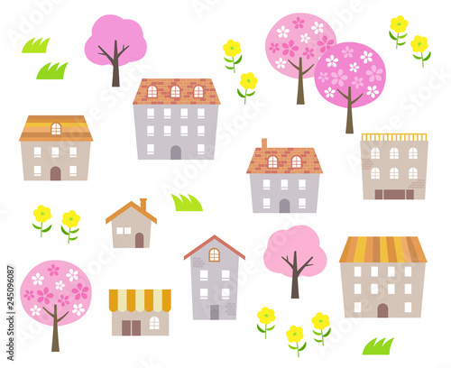 Cherry tree and Spring Townscape illustration set, Cherry Blossom