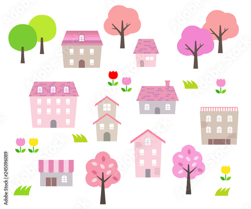 Cherry tree and Spring Townscape illustration set, Cherry Blossom 