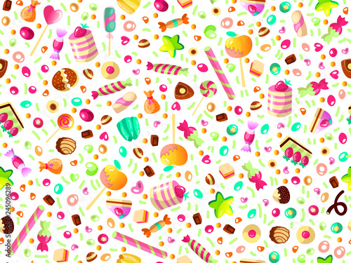 Cute seamless pattern with colorful sweets, cakes, lollipops. Cartoon seamless pattern with candy and sweet dessert. Fun colorful sweet pattern with candy, ice cream, round lollipops. Candy pattern