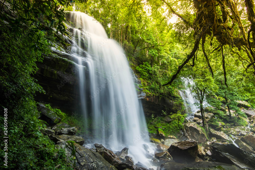Jungle beautiful waterfall Mountain river stream - Landscape waterfall front of the cave green forest nature