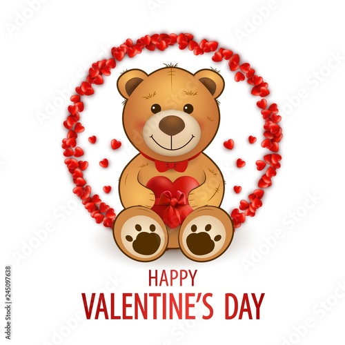 Cute teddy bear with hearts and round frame. Happy Valentine's day card. Romantic greeting card © designervector