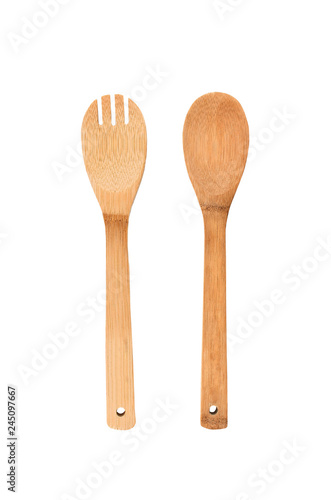 Wooden spoon and fork isolated on white background bamboo