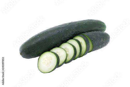 Fresh Cucumber Sliced on white background with water drops