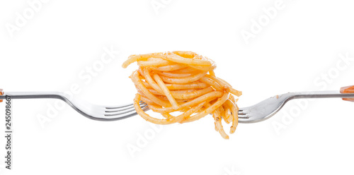Delicious pasta on fork against white background
