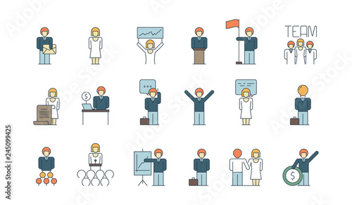 Business group icon. Team working together managers peoples associations coordinate business process management vector thin symbols. Illustration of business team management, organization partnership