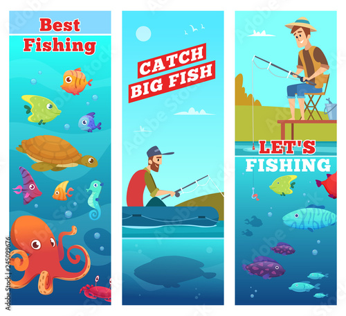 Fishing banners. Underwater sea river ocean fish octopus turtle seahorse water food vector cartoon characters. Fishing banner, sport hobby activity illustration