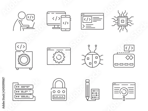 Programmer icon. Coder web dev worker bug fixes nodes qa system testing engineering vector thin line symbols. Illustration of programming and testing