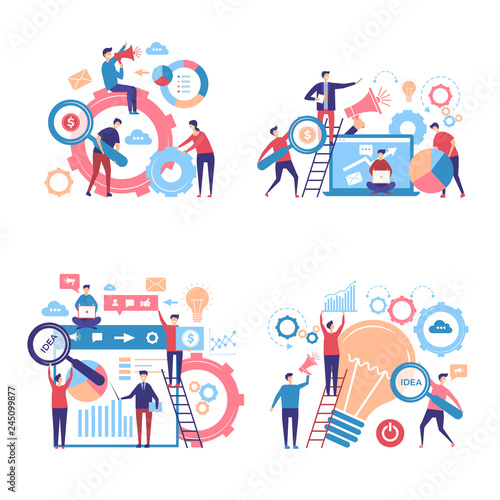 Promotion characters. Business people advertise announcing campaigns through pas vector concept pictures. Illustration of business strategy and promotion, announcing campaign megaphone