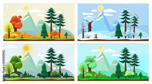 Four season landscape. Spring autumn summer winter weather nature scenery vector cartoon background. Winter and summer, spring and autumn illustration
