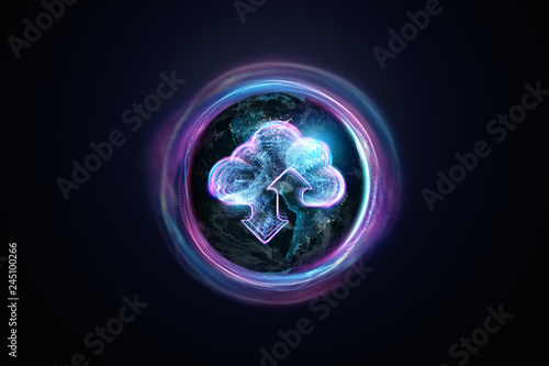 Creative background, image of a hologram of a cloud on the background of the globe. The concept of cloud technology, cloud storage, a new generation of networks. Copy space, Mixed media.