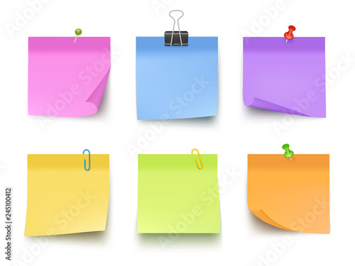 Notes colored. Sticky papers with pin clips memo bank business notes vector realistic template. Office paper memo, sticky note, pin messag illustration