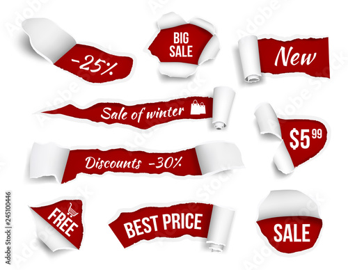 Promo banners ripped paper. Sale advertizing tags promotion cut edges pages vector realistic pictures. Illustration of promo ripped and cardboard rip damage discount