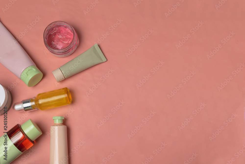 Skin care beauty facial poducts flat lay Skin care beauty facial poducts flat lay