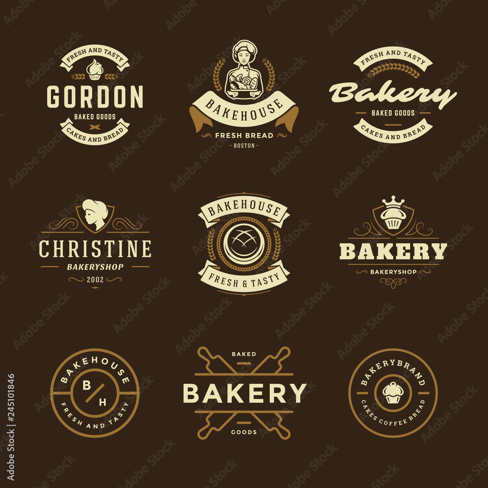 Obraz premium Szablon projektu logo piekarni i odznaki zestaw ilustracji wektorowych.