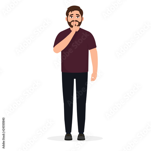 Bearded man shows a gesture of quiet, do not make noise, a character in a flat style