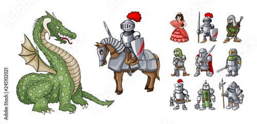 Fairy tales cartoon characters. Fantasy knight and dragon, princess and knights