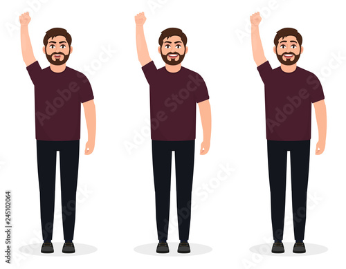 Bearded man shows gesture of protest, Human with arm up, character in a flat style