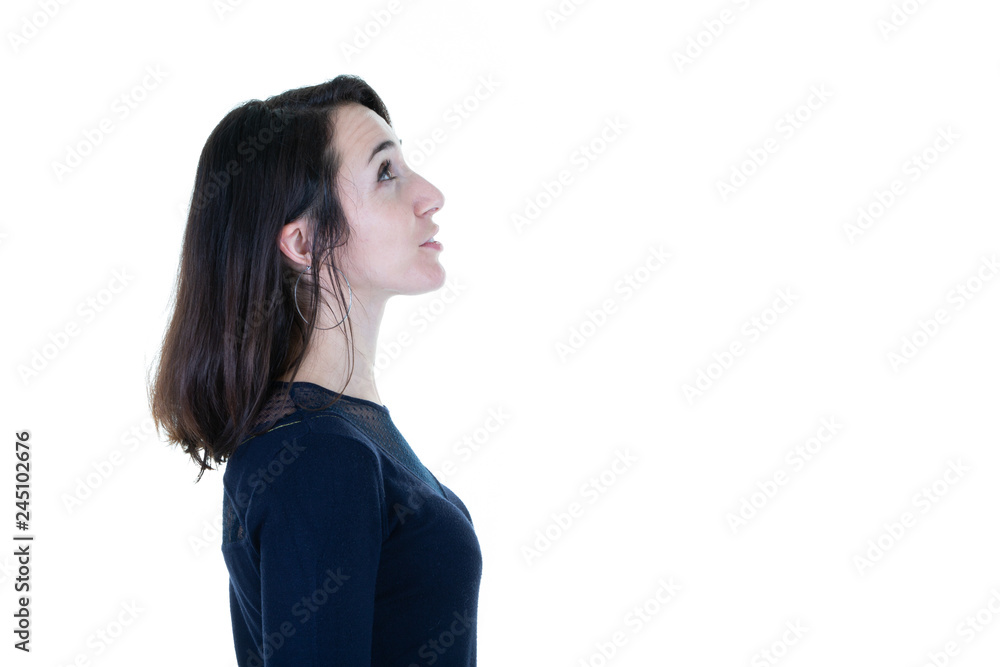 pretty woman profile portrait with empty copy space and white background pretty woman profile portrait with empty copy space and white background