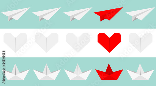 Origami paper plane, boat ship, heart icon set. Gray and red color. Handmade toy line. Flat design. Blue white background. Isolated.