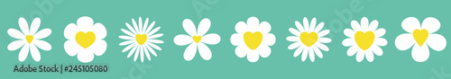 White daisy chamomile set line. Camomile icon. Cute round flower plant collection. Yellow heart center. Growing concept. Love card symbol. Flat design. Green background. Isolated.