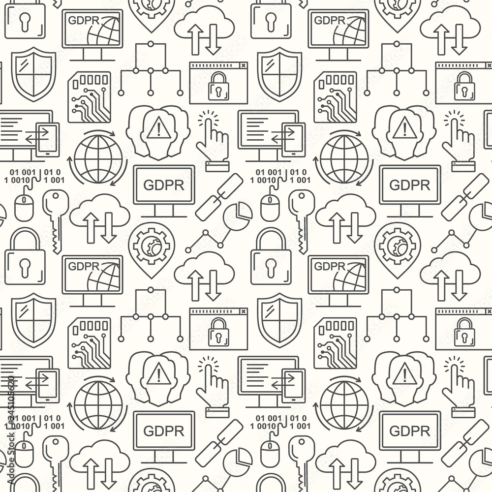 Vector line style seamless internet security pattern. General Data protection linear concept. Web privacy and safety outlune background. Vector line style seamless internet security pattern. General Data protection linear concept. Web privacy and safety outlune background.