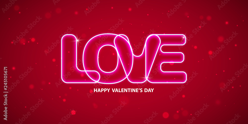 Valentine's day Neon Text., banner template. red heart with lettering on background. tags poster design Vector brochure.