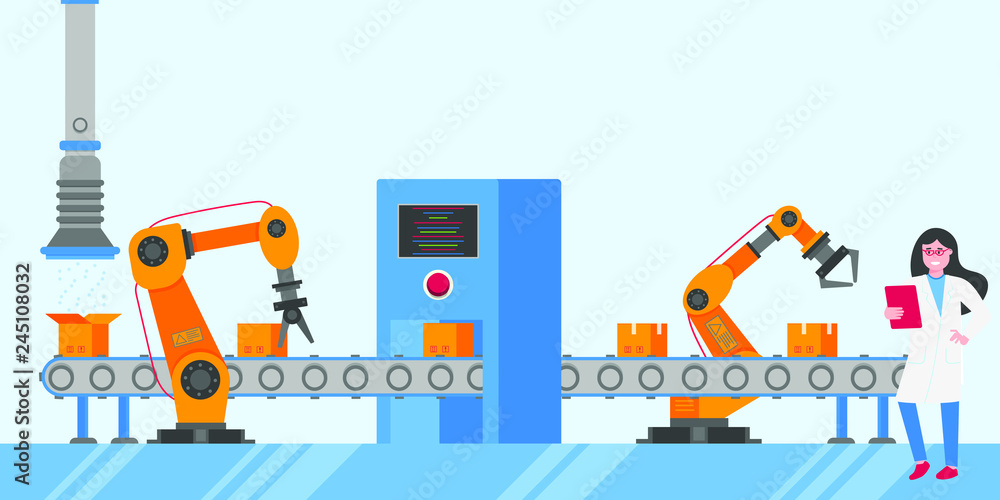 Smart industry 4.0 and technology assembly line flat style design vector illustration concept. Production conveyor belt and operator production line with robot arms, cardboard boxes and automated line Smart industry 4.0 and technology assembly line flat style design vector illustration concept. Production conveyor belt and operator production line with robot arms, cardboard boxes and automated line
