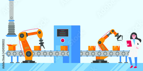 Smart industry 4.0 and technology assembly line flat style design vector illustration concept. Production conveyor belt and operator production line with robot arms, cardboard boxes and automated line