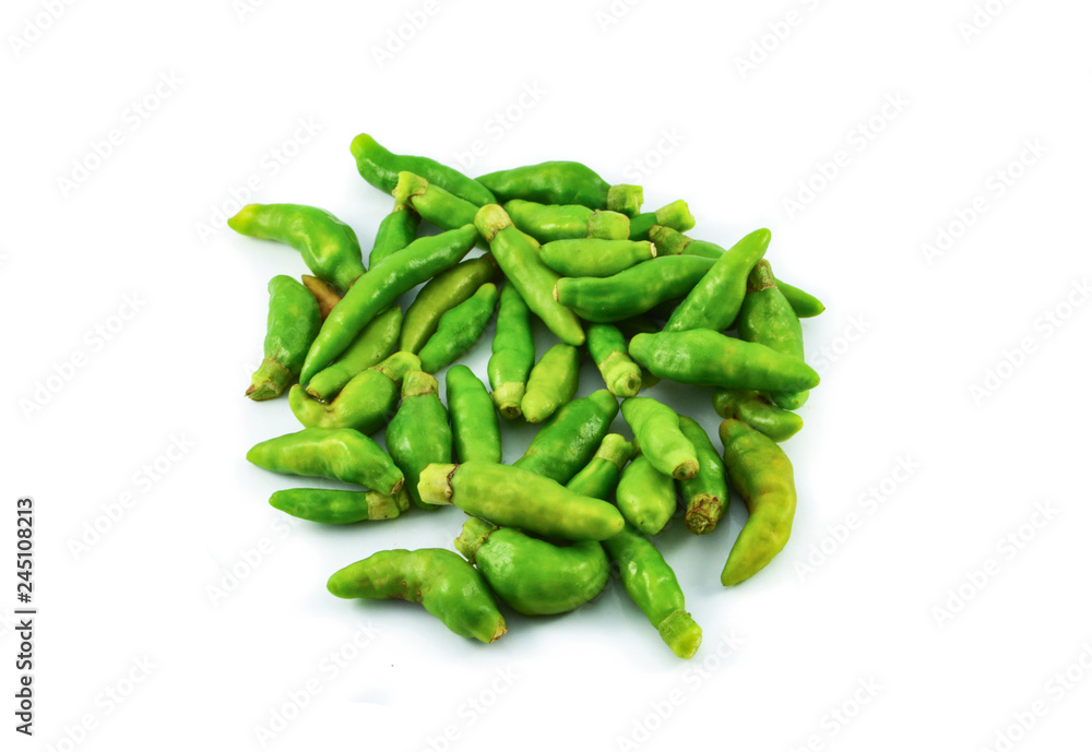 Thai green chilli pepper isolated on white background - other names small chilli padi bird eye chili Thai green chilli pepper isolated on white background - other names small chilli padi bird eye chili