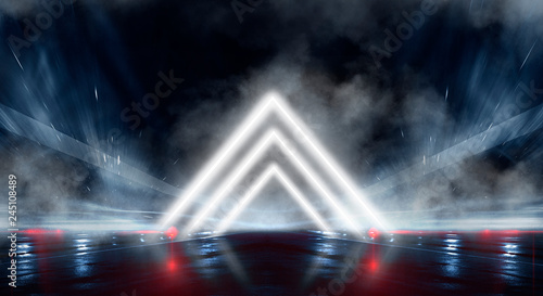 Abstract black tunnel with a light pyramid, neon triangle, smoke, wet asphalt, night view. © MiaStendal