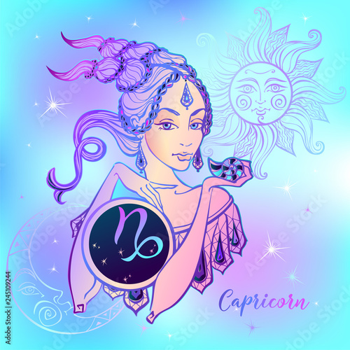 Zodiac sign Capricorn a beautiful girl. Horoscope. Astrology. Vector.