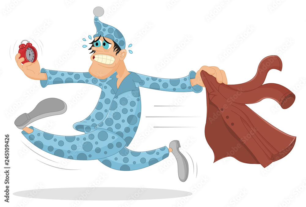 Funny vector overslept man gets dressed and runs on the work looking at ...