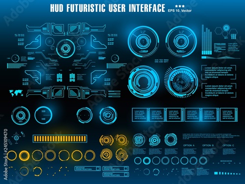 HUD futuristic blue user interface, dashboard display virtual reality technology screen, target