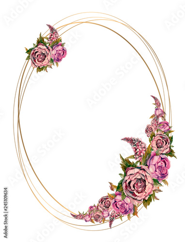 Oval gold frame with pink watercolor flowers. Wedding frame with watercolor garlands of peonies of roses and lilacs