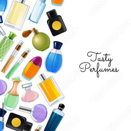 Vector poster with colored perfume bottles background illustration for advertising