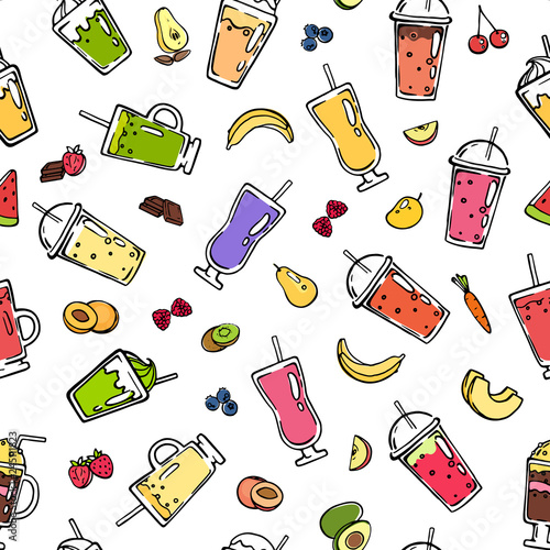 Vector doodle colored smoothie fruits drink pattern or background illustration