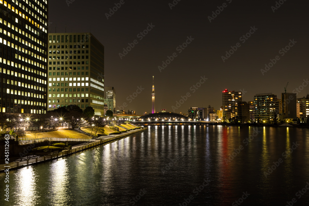 Obraz premium (東京都ー都市風景)新川から望む墨田方面の夜景1