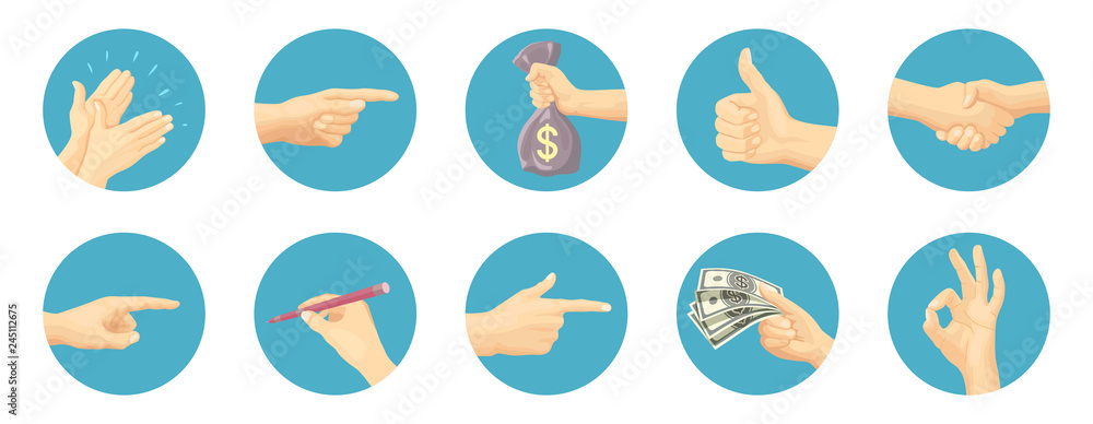 Set of icon hands in different gestures emotions and signs in flat style. Vector illustration. Set of icon hands in different gestures emotions and signs in flat style. Vector illustration.