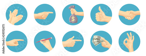 Set of icon hands in different gestures emotions and signs in flat style. Vector illustration.