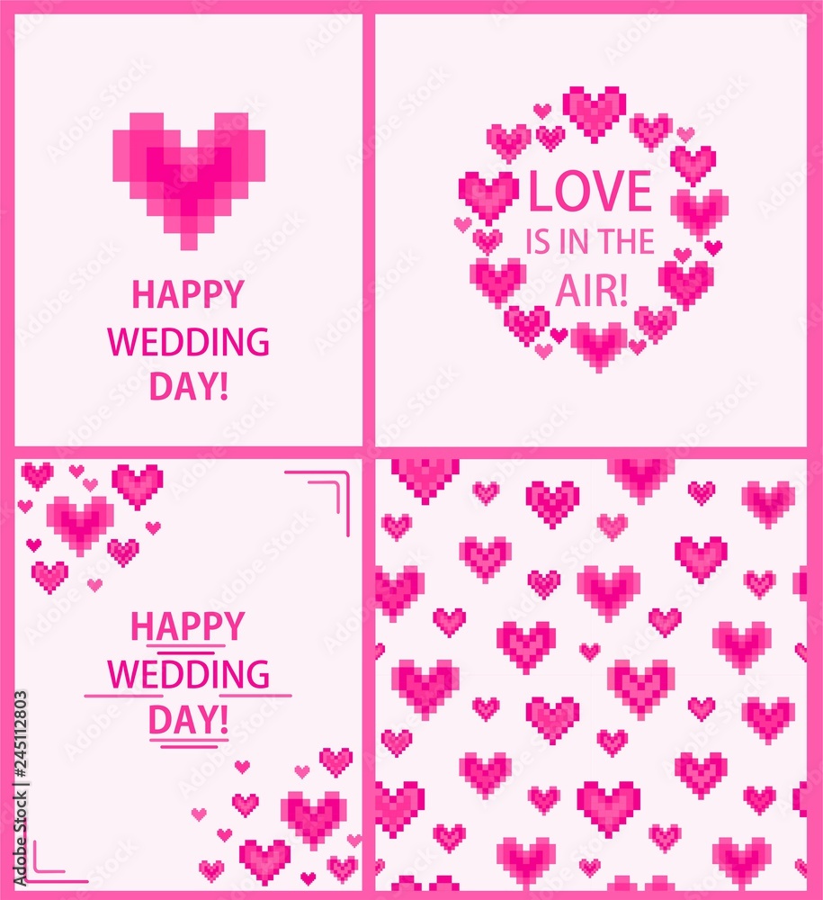 Set of Wedding greeting design with hot pink digital hearts Set of Wedding greeting design with hot pink digital hearts