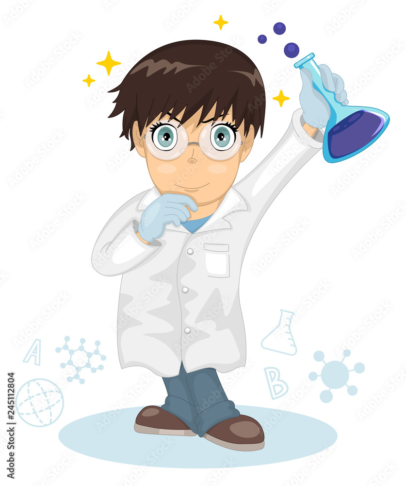 Cute little smart boy. The boy scientist. Little boy holding a test tube,  holds a chemical experiment. Cartoon character. Kid boy wearing a white lab  gown. Professor made a scientific discovery. Stock