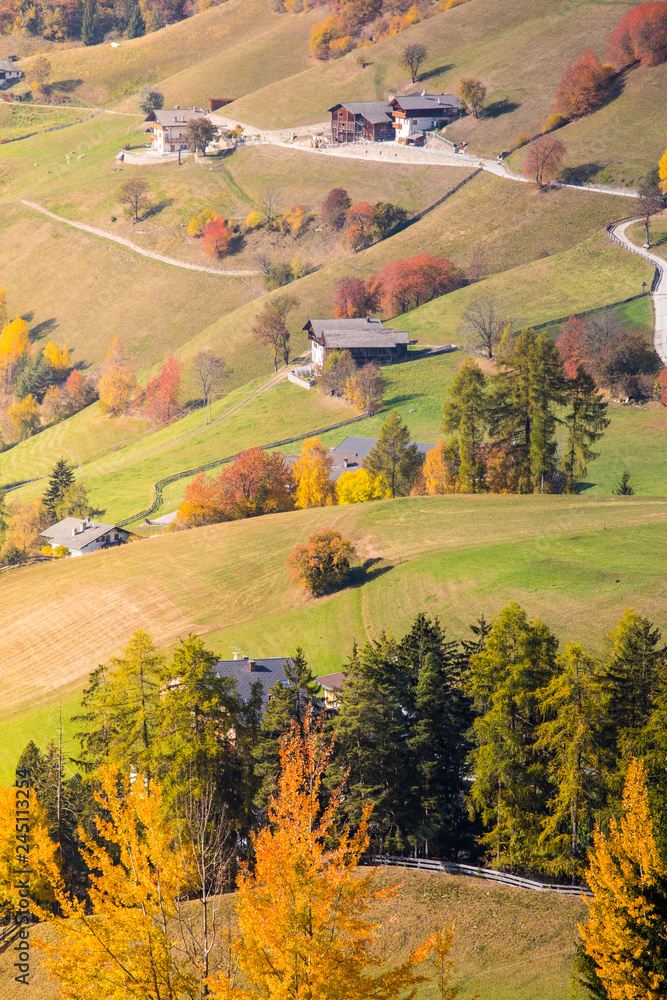 Funes Valley, near Santa Magdalena, during autumn. Dolomites, South Tyrol, Italy