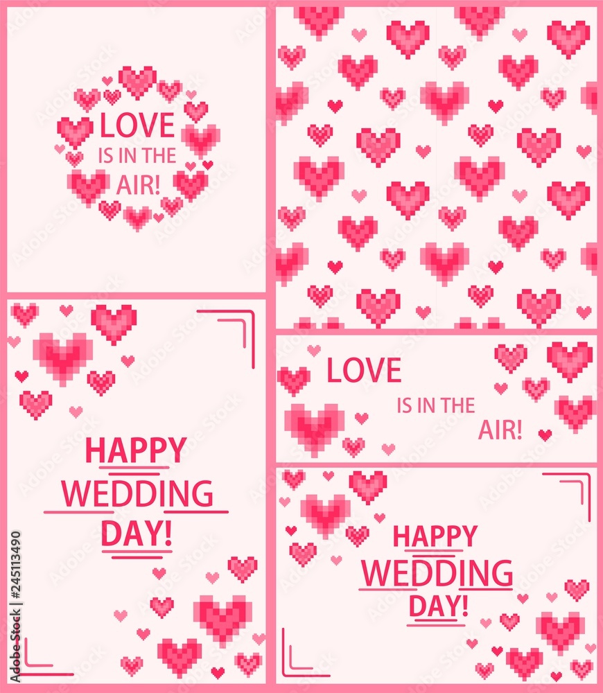 Wedding design set with hot pink digital hearts