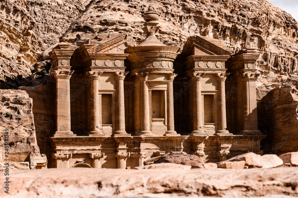 Stunning view of the Ad Deir - Monastery in the ancient city of Petra. Petra is a Unesco World heritage site, historical and archaeological city in southern Jordan.